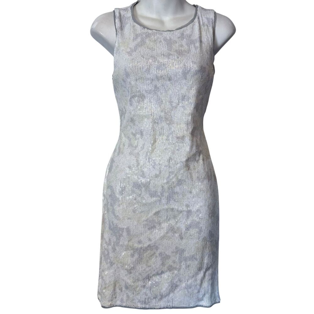 Rachel Roy Womens All Over Seuqin White Gray Camo Sheer Panel Party Dress 10